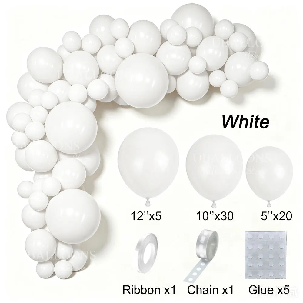 White latex balloon garland kit featuring balloons, ribbon, chain, and glue for party decor