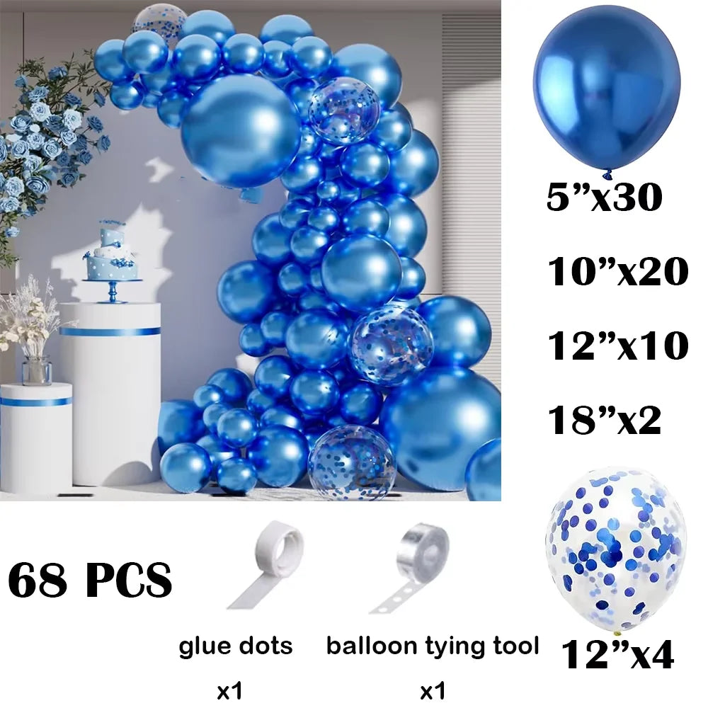 A blue metallic balloon garland arch kit featuring balloons and confetti accents.