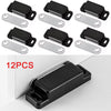 A set of twelve black magnetic cabinet door latch closures and silver mounting plates.