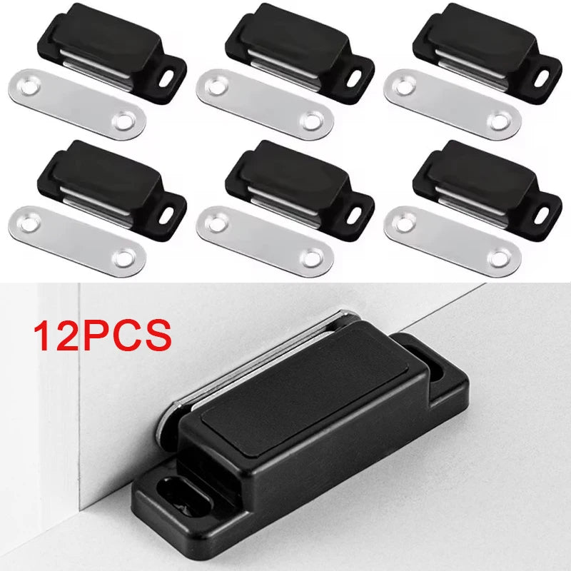 A set of twelve black magnetic cabinet door latch closures and silver mounting plates.