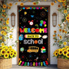 A vertical vinyl backdrop banner featuring a welcome to school theme with colorful elements and sunflowers.