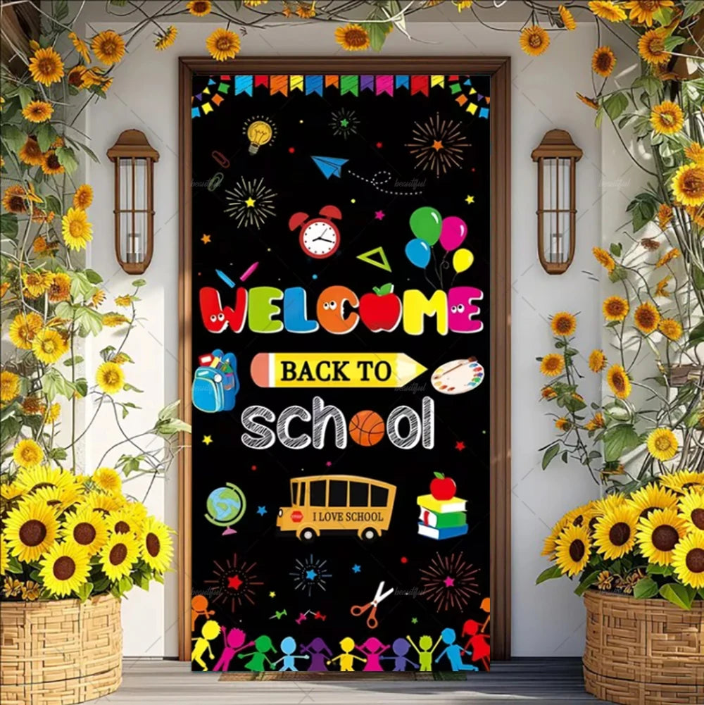 A vertical vinyl backdrop banner featuring a welcome to school theme with colorful elements and sunflowers.