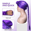A purple braided ponytail hairpiece is shown being worn on a mannequin head.