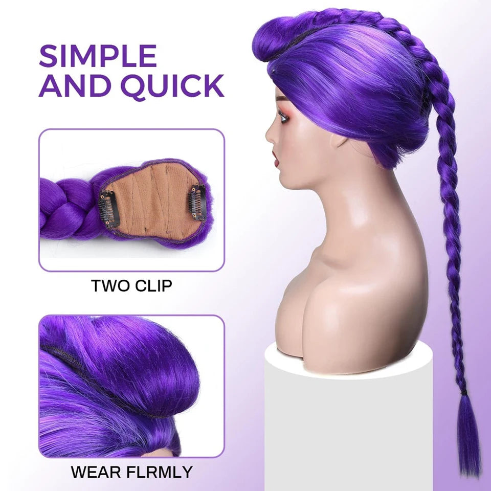 A purple braided ponytail hairpiece is shown being worn on a mannequin head.