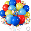 A collection of colorful latex balloons in yellow, blue, and red are shown with strings.