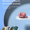 A pink portable bladeless clip-on fan is shown on a white surface, with another similar fan visible nearby.