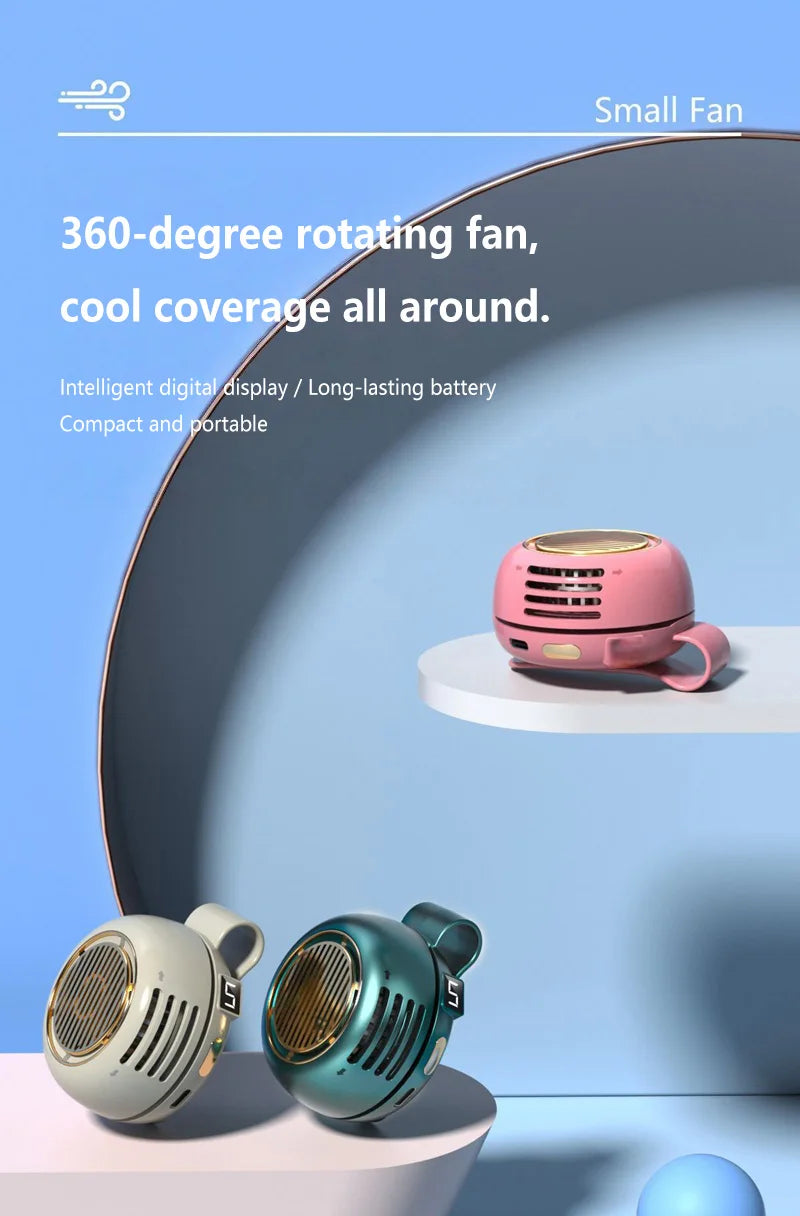 A pink portable bladeless clip-on fan is shown on a white surface, with another similar fan visible nearby.