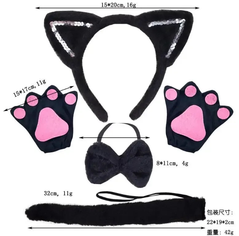 Black kawaii cow ears headband with pink paw accents and a black ribbon bow