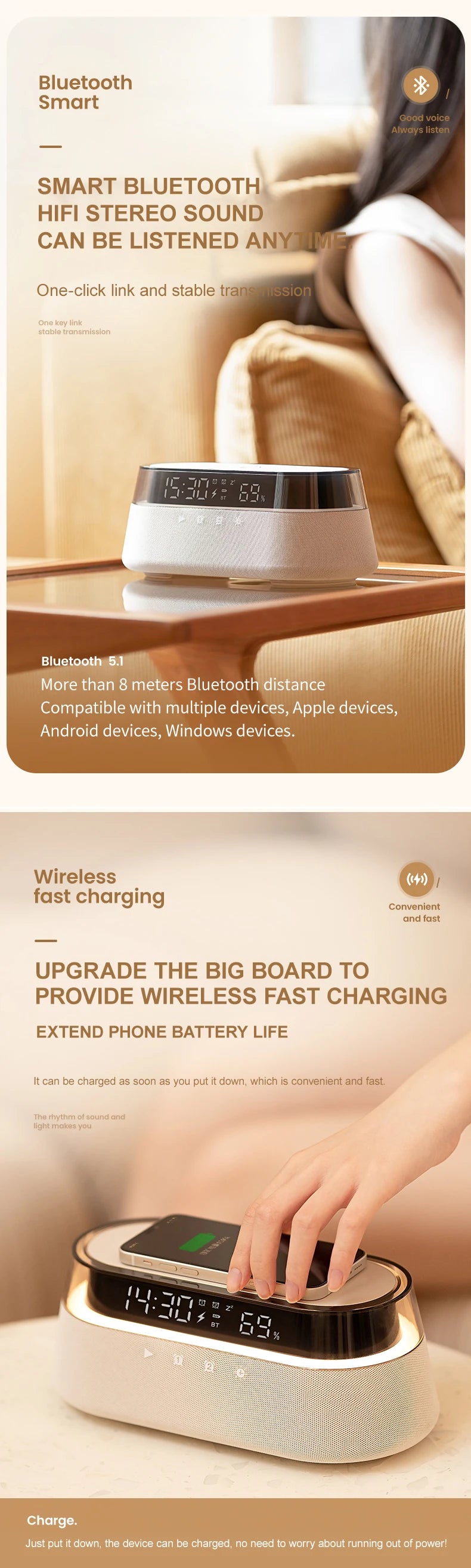 A white wireless charging speaker lamp is shown being charged, with a hand interacting with the device.
