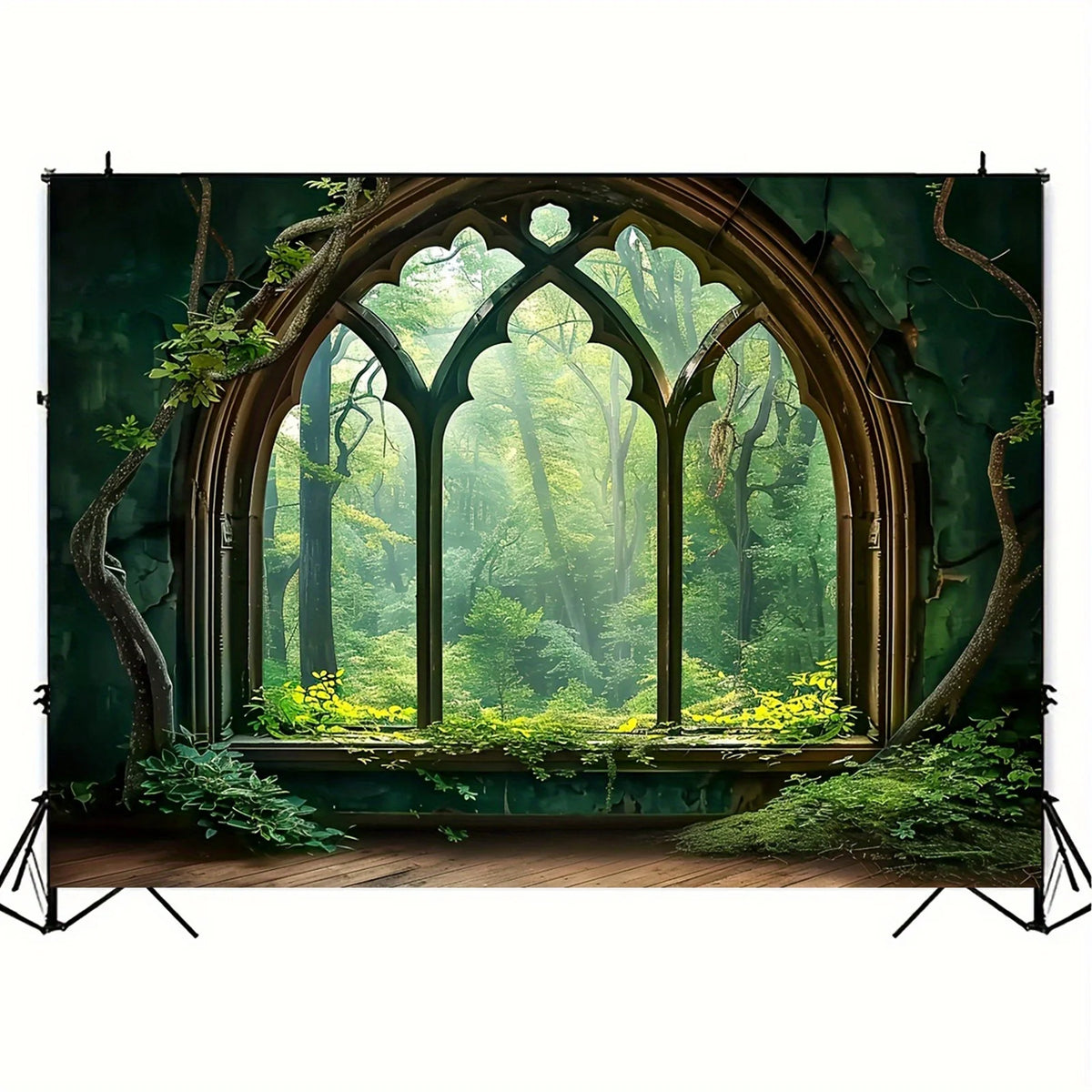 A dark green backdrop featuring an arched window framing a lush, misty forest scene with bright green foliage and ancient tre