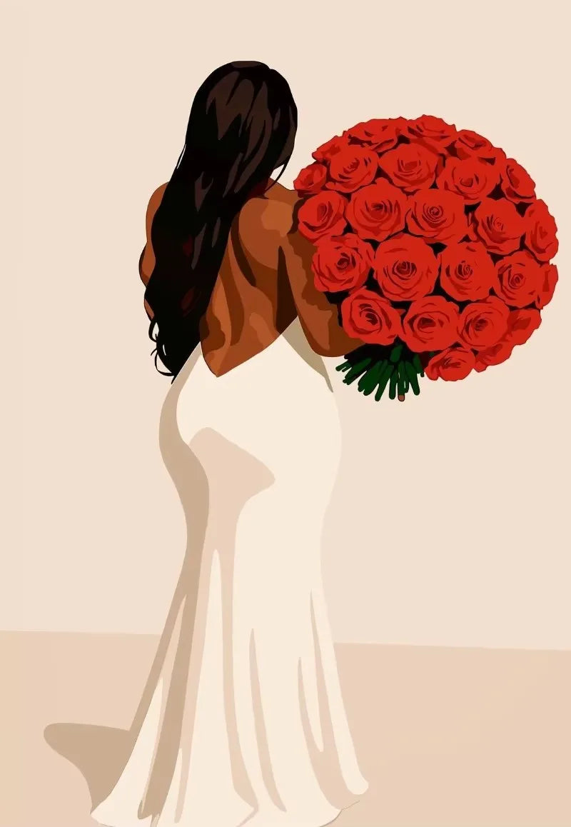 Eine Frau in einem weißen Kleid mit braunem Haar hält einen großen Strauß roter Rosen.