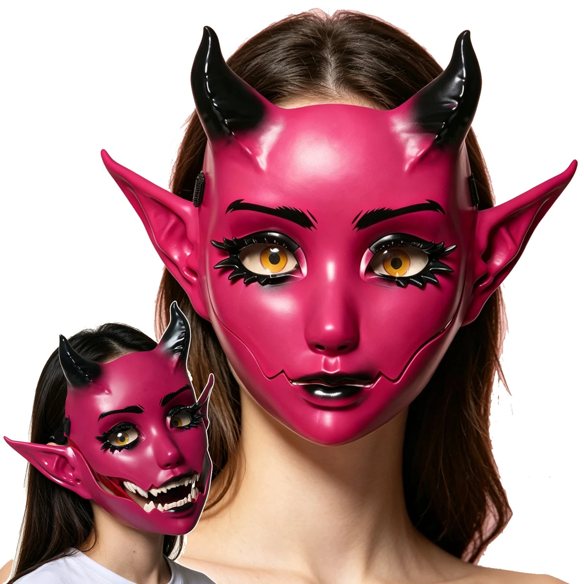 A close-up of a vibrant pink horned fantasy creature mask with detailed eye makeup worn by a woman.
