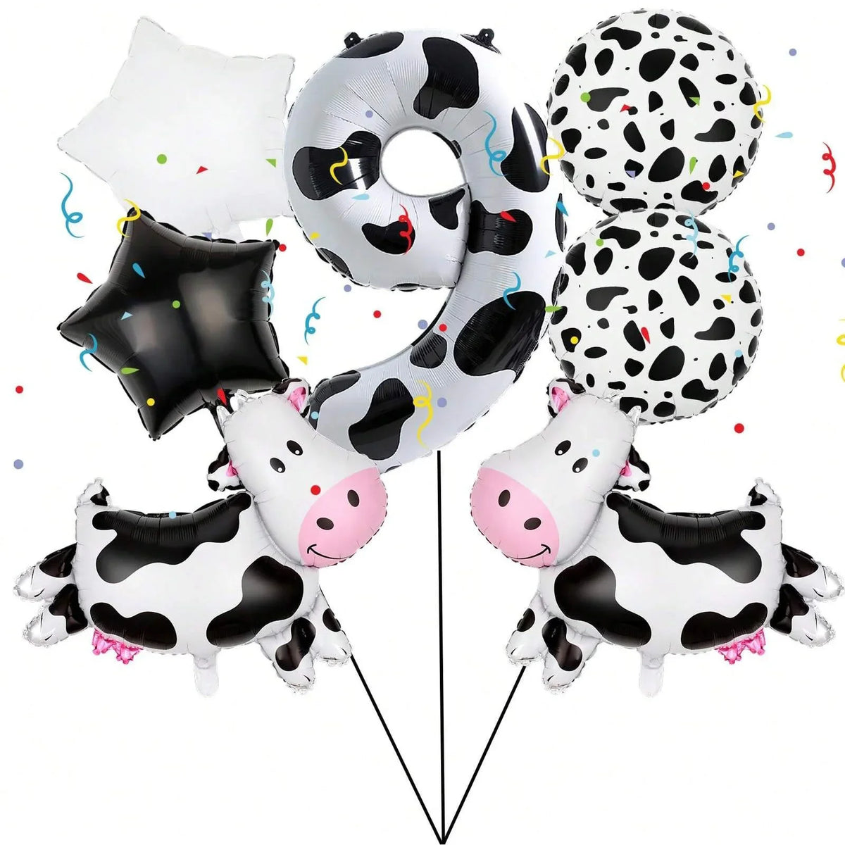 A set of cow print number balloons including the number nine, a soccer ball, and several small cow-themed balloons.