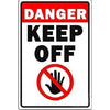 A vintage red and white sign warning to keep off, featuring a hand symbol.