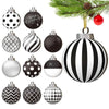A collection of various spherical Christmas ornaments featuring patterns like polka dots, stripes, and geometric designs.