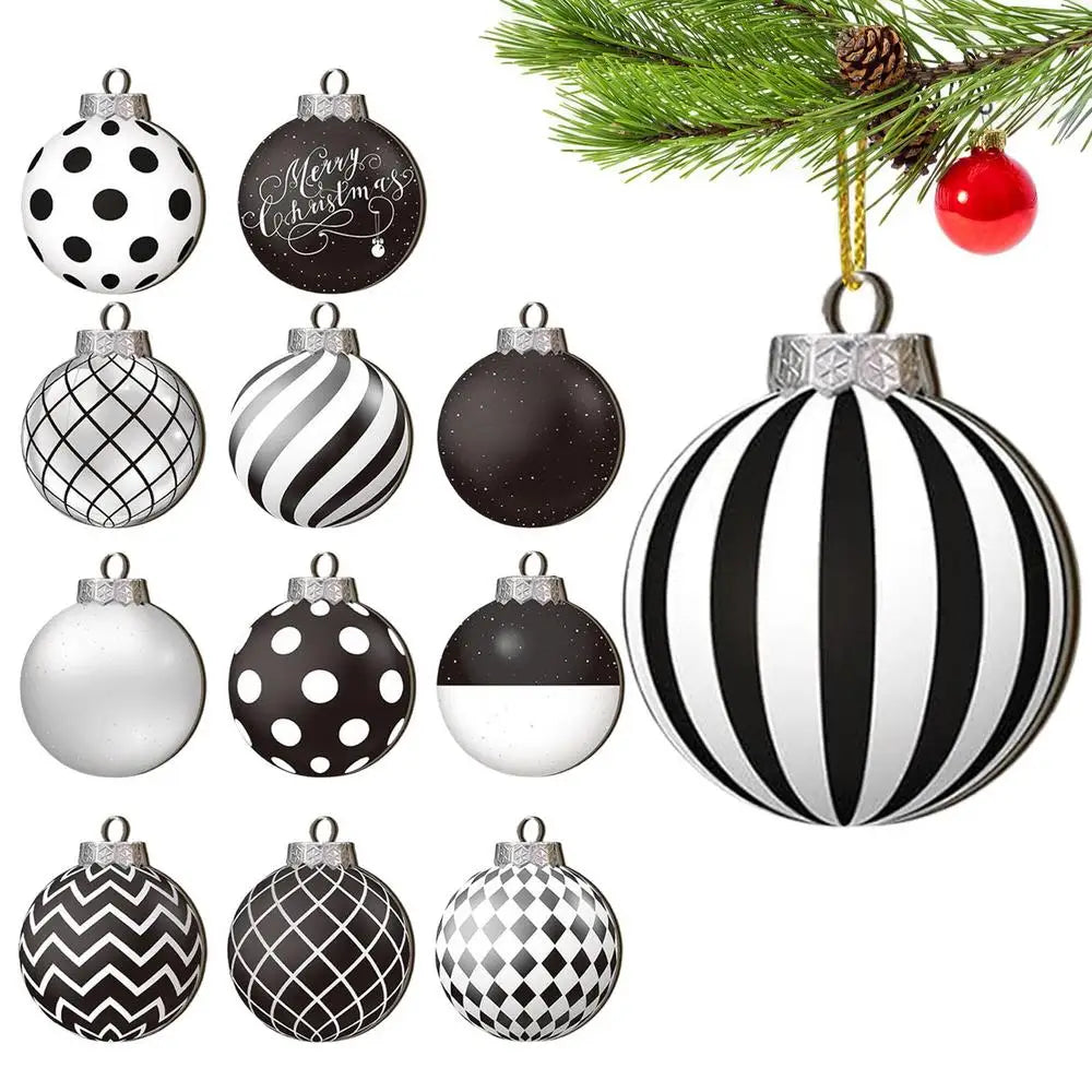 A collection of various spherical Christmas ornaments featuring patterns like polka dots, stripes, and geometric designs.