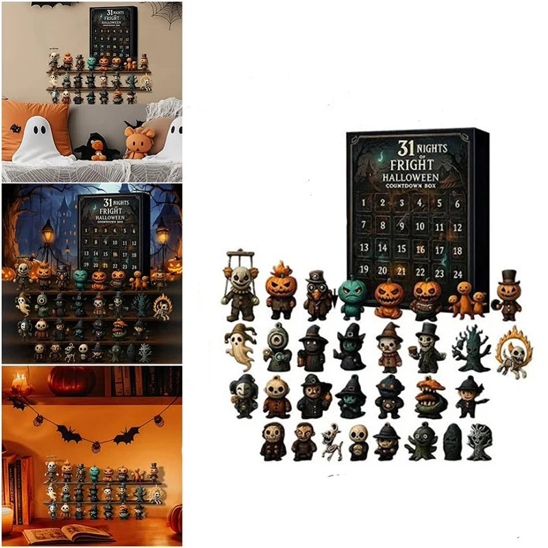 A collection of Halloween advent calendars featuring 31 nights of spooky figurines and themed boxes.