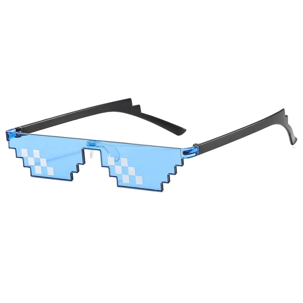 Blue pixel mosaic sunglasses with black frames and UV400 protection
