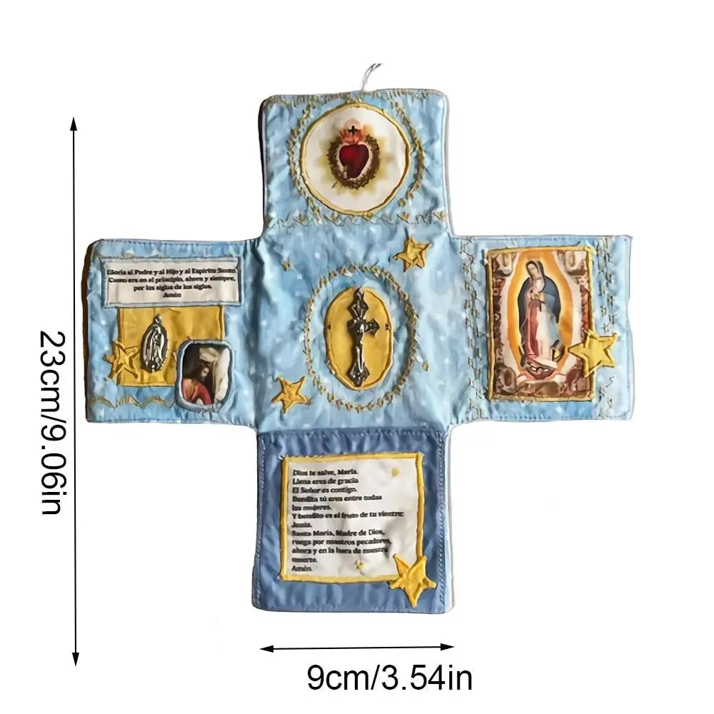 Handcrafted pocket devotional pouch with a cross shape featuring religious imagery and gold accents