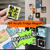 A hand holds a DIY acrylic fridge magnet kit featuring various colorful designs and flexible magnetic backing.