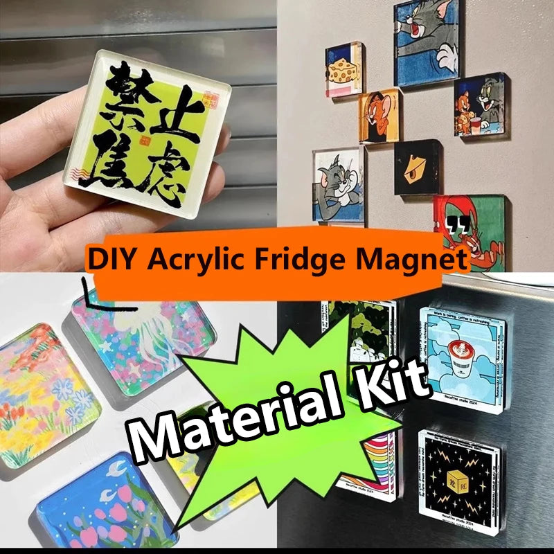 A hand holds a DIY acrylic fridge magnet kit featuring various colorful designs and flexible magnetic backing.