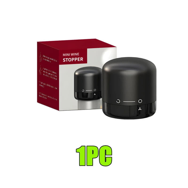 A black silicone wine bottle stopper is shown next to its red and white packaging box.