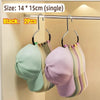 Black round multi-purpose closet hooks displaying various colored hats and bags on a hanger