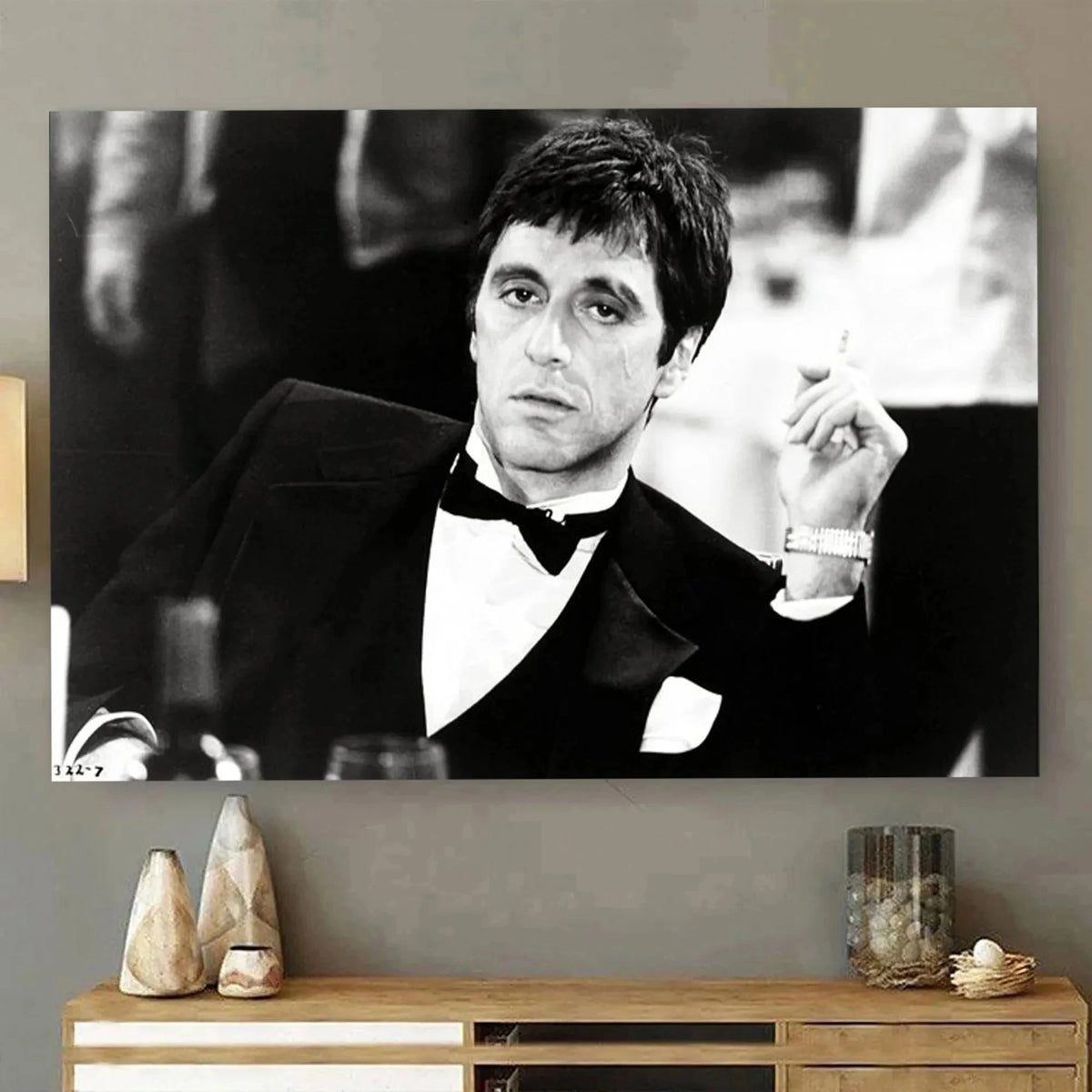 Impression sur toile noir et blanc représentant le portrait d'un acteur en smoking.