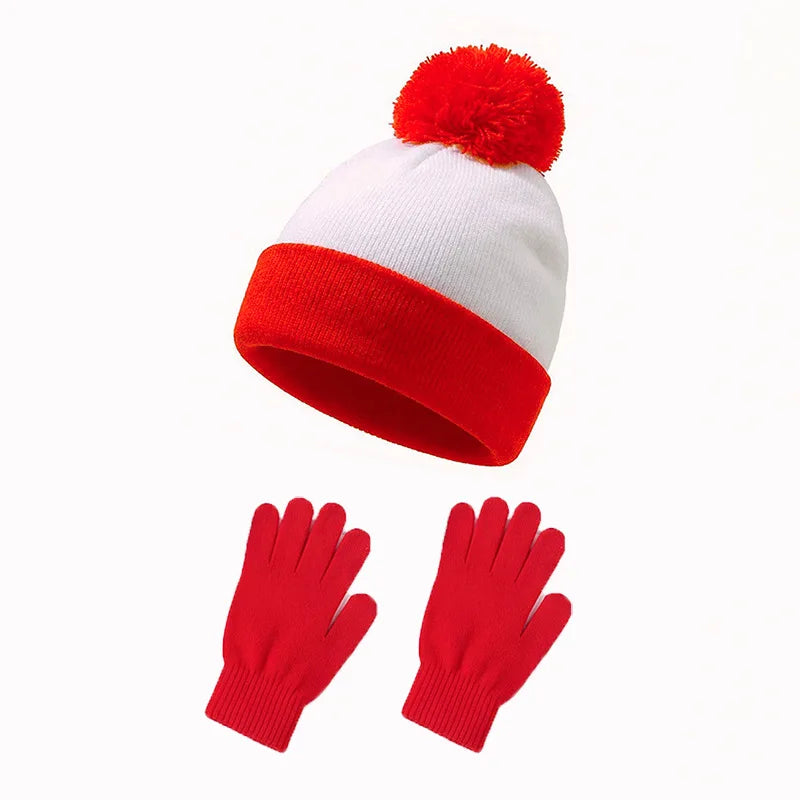 A festive knitted beanie with a red pom-pom and a matching pair of red knitted gloves.