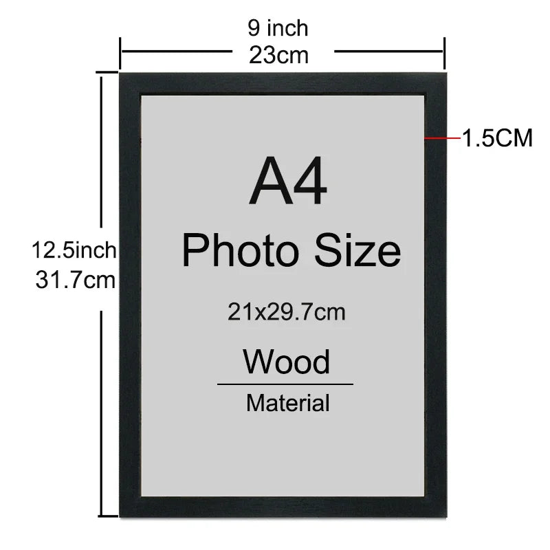 A black wooden picture frame with an A4 photo size insert and a wood material label.