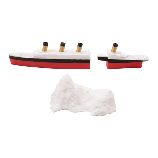 A split bath and pool toy resembling a ship with realistic details, featuring a red hull and white deck.