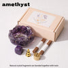 A box containing natural crystal fragments bonded with resin and a set of crystal droppers for Reiki and meditation.