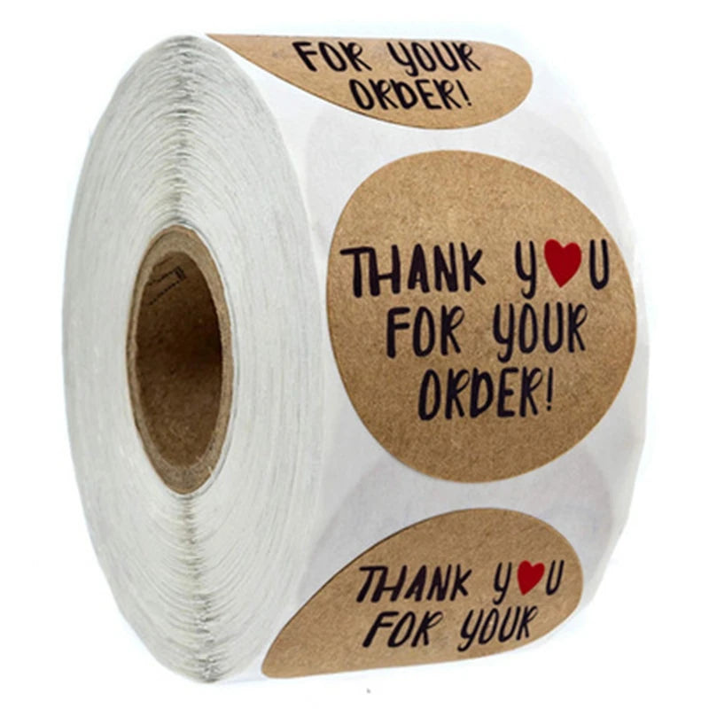 Roll of kraft paper thank you stickers with round labels for small business packaging