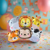 A collection of foil balloons shaped like cartoon jungle safari animals including a lion, tiger, and monkey against a colorfu