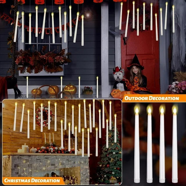 A set of twelve floating LED candles with a magic wand remote displayed in various holiday and outdoor decoration contexts.