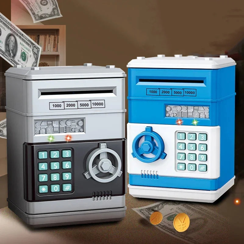 A silver and blue interactive roll-up piggy bank with a keypad and coin slot is shown next to a stack of money.