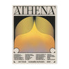 A black and yellow graphic print featuring the word ATHENA and a stylized face design with radiating lines.