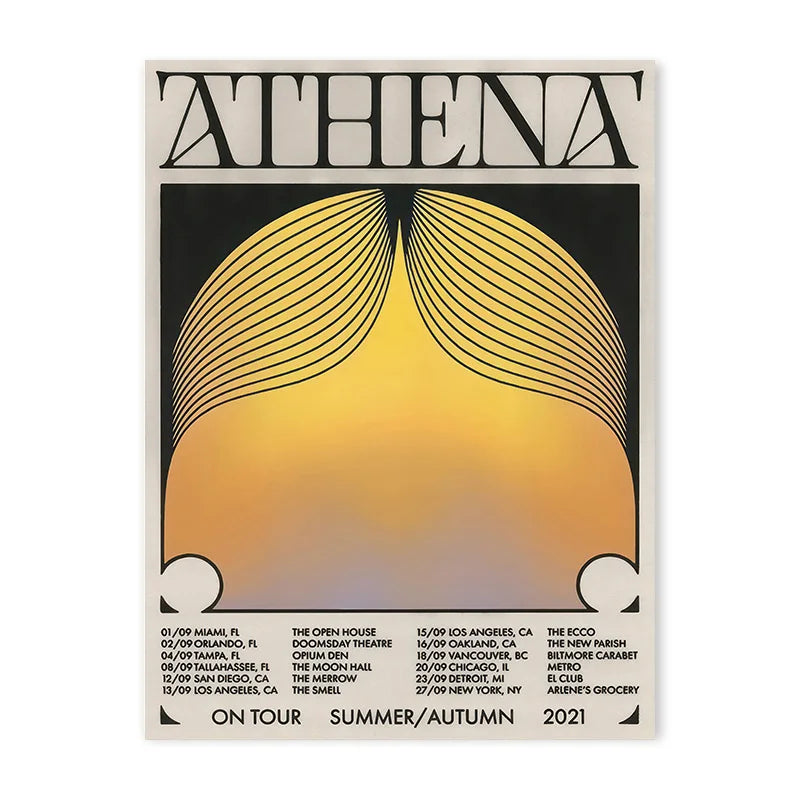 A black and yellow graphic print featuring the word ATHENA and a stylized face design with radiating lines.