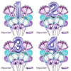 A set of four purple and blue mermaid-themed balloons shaped like numbers 1, 2, 3, and 4 for a party decoration.