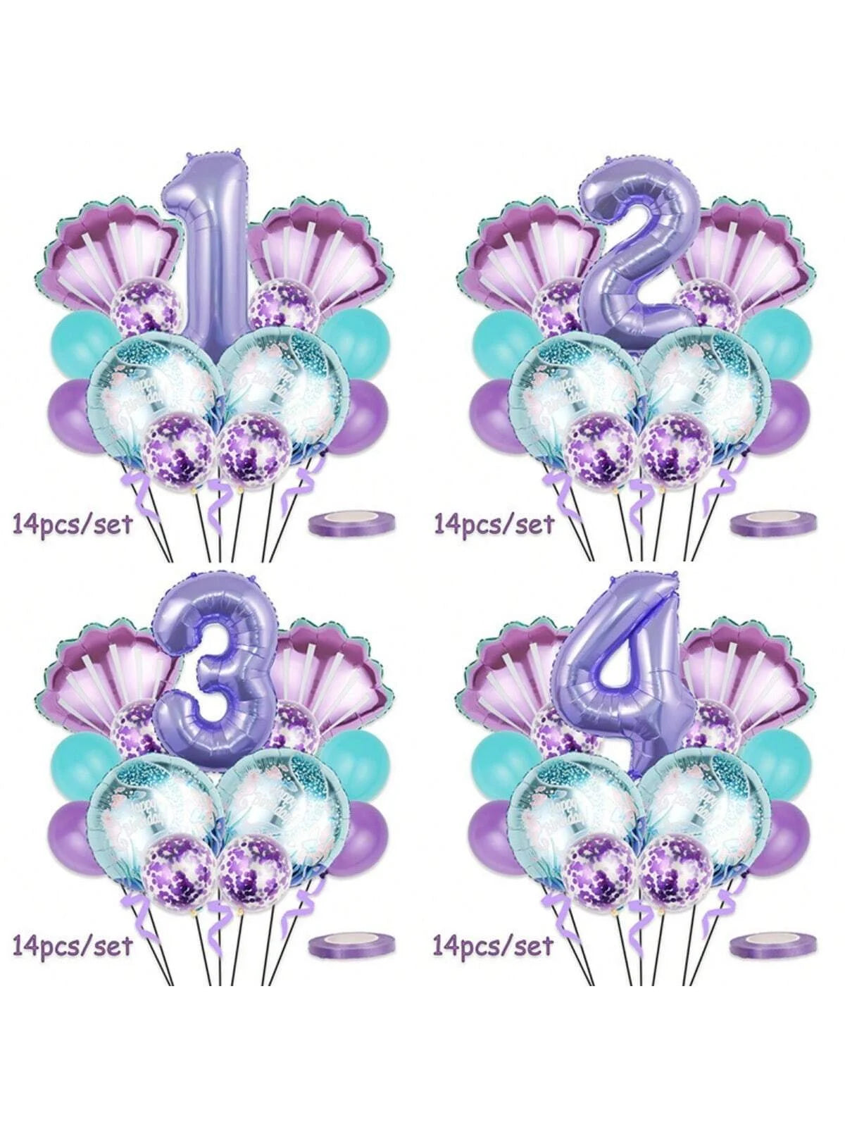 A set of four purple and blue mermaid-themed balloons shaped like numbers 1, 2, 3, and 4 for a party decoration.