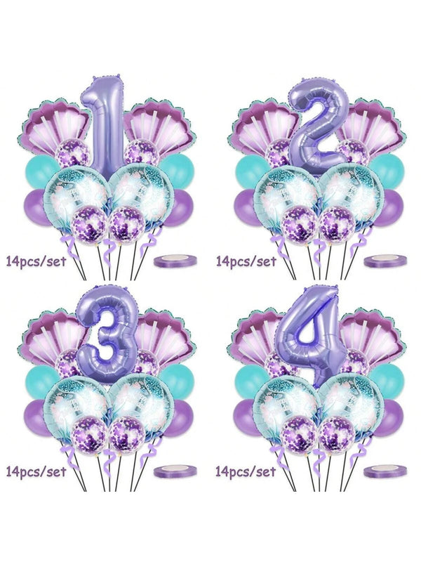 A set of four purple and blue mermaid-themed balloons shaped like numbers 1, 2, 3, and 4 for a party decoration.