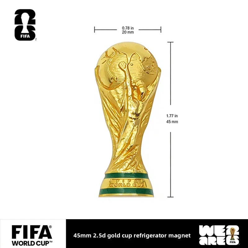 Gold FIFA World Cup trophy fridge magnet with green base