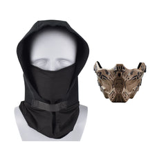 Black tactical silicone half-face mask for airsoft and cosplay displayed on a white mannequin.