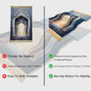A prayer rug featuring intricate blue and gold patterns, shown alongside a decorative Islamic archway.