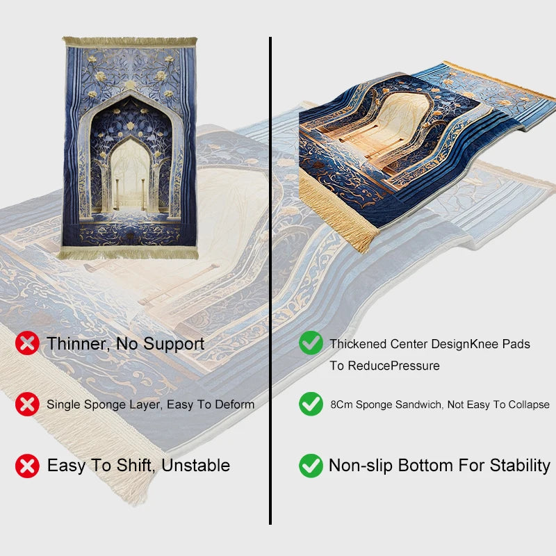 A prayer rug featuring intricate blue and gold patterns, shown alongside a decorative Islamic archway.