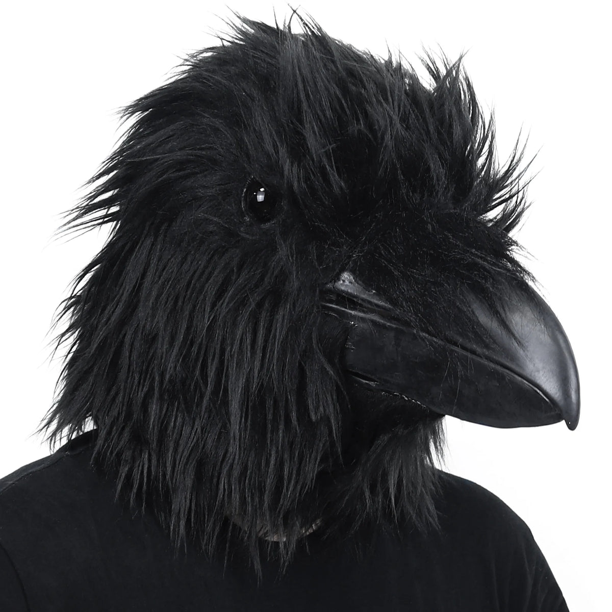 A realistic black crow latex full head mask with dark feathers and a beak.