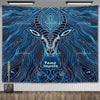 Blue and white abstract tapestry featuring a stylized impala head design.