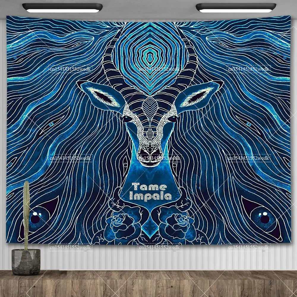 Blue and white abstract tapestry featuring a stylized impala head design.