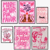 A collection of four wall art prints featuring pink and black text quotes about love, favor, luck, and being ugly.