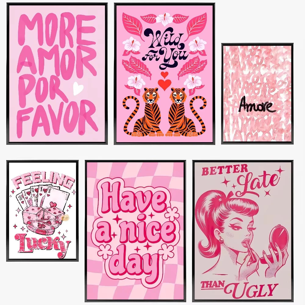 A collection of four wall art prints featuring pink and black text quotes about love, favor, luck, and being ugly.